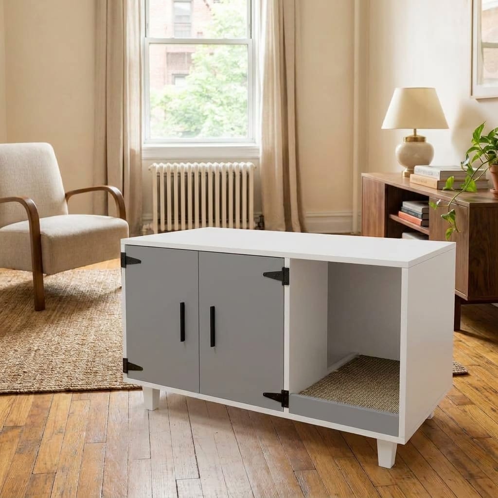 GDLF Modern Wood Cat Washroom Enclosure in a small modern apartment, reads as nightstand
