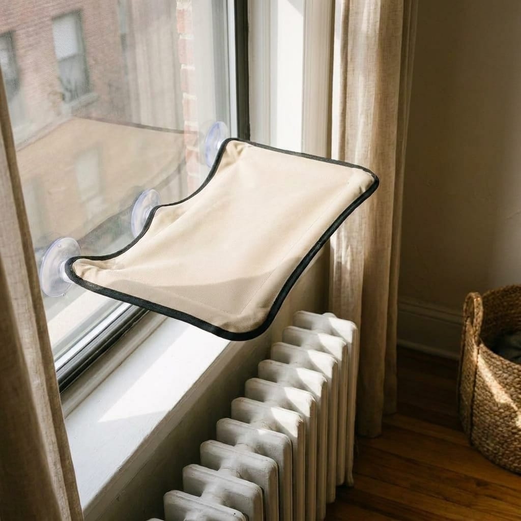 K&H EZ Mount Window Bed Kitty Sill in a small modern apartment