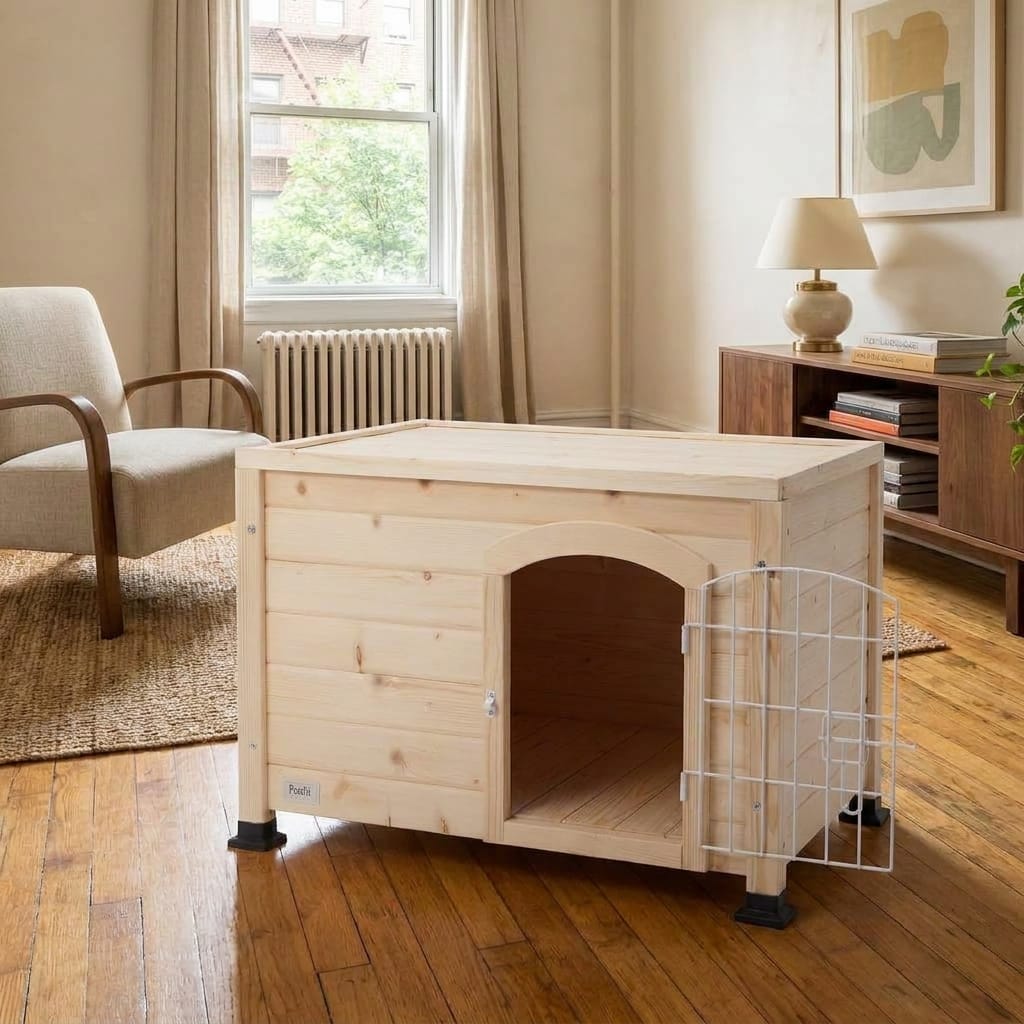 Petsfit Enclosure Side Table in a small modern apartment, reads as side table