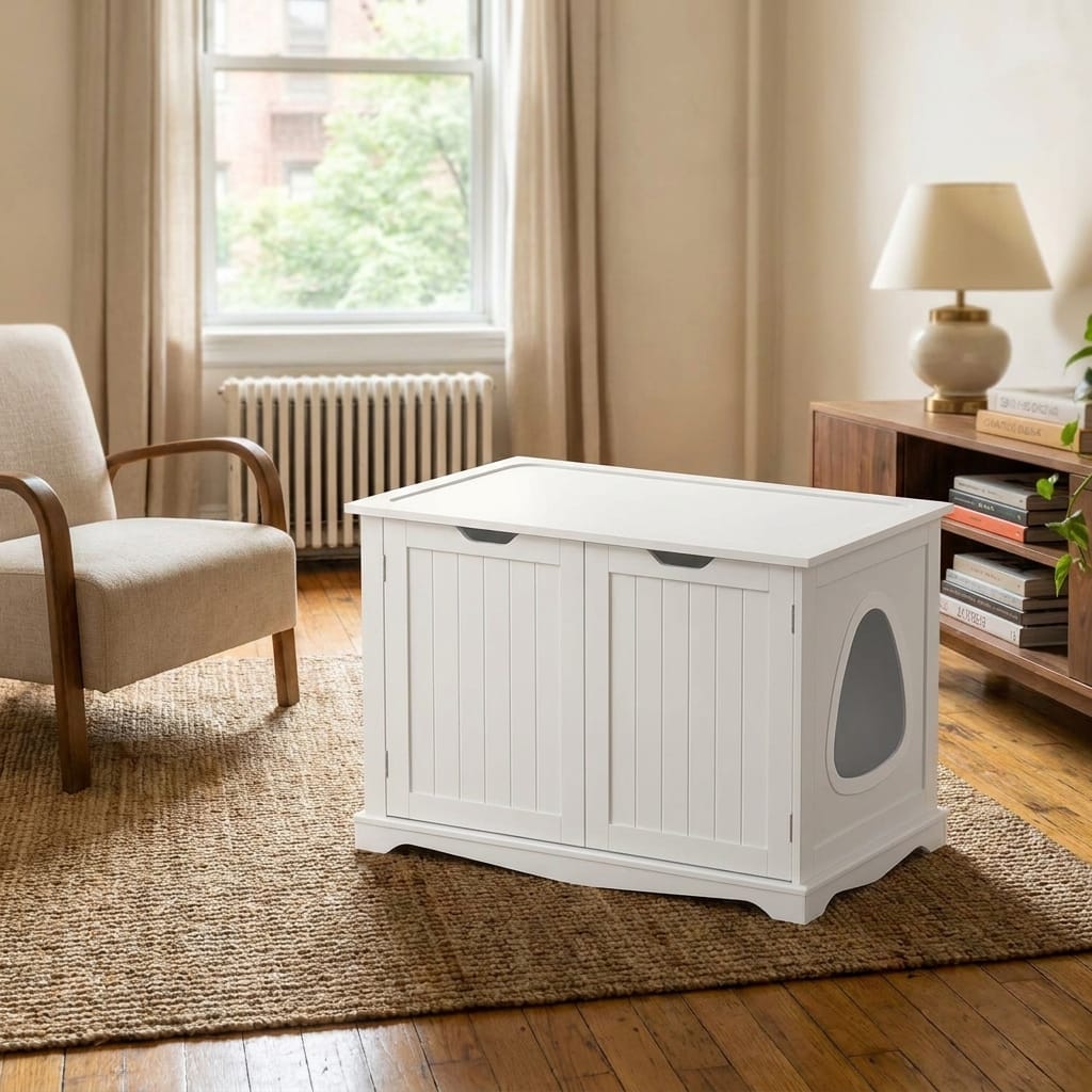 Yaheetech Double-Door Litter Cabinet in a small modern apartment, reads as cabinet