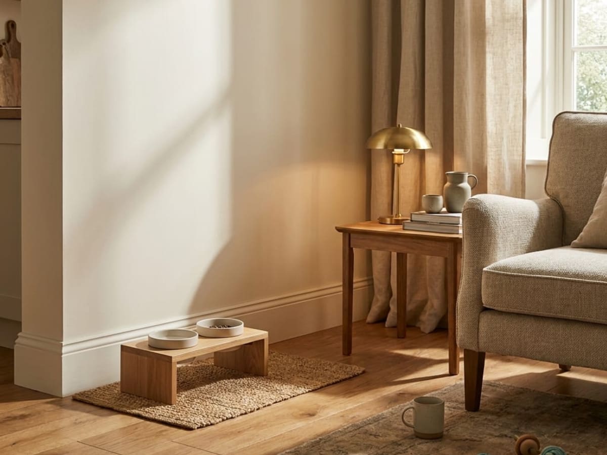 Two ceramic bowls on a low wooden feeder stand, set on a woven mat beside a side table and armchair