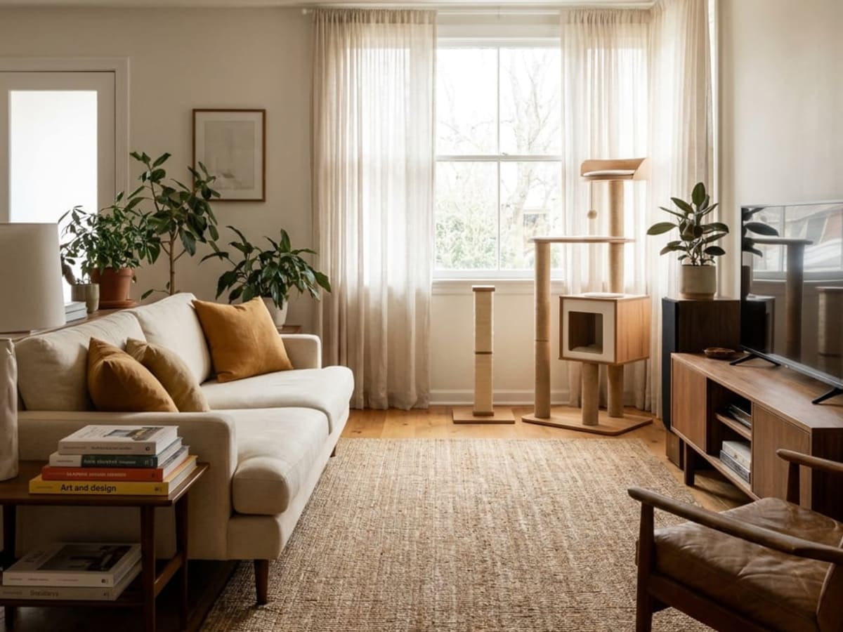 A living room with a pale sofa and jute rug, a wood-toned cat tree standing between the window and a media console