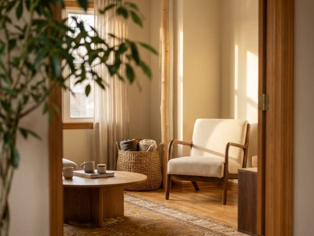 A sunlit corner with a round wooden coffee table, an armchair and a woven basket, framed by a leafy plant