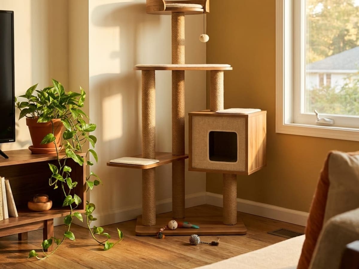 A tall wood and sisal cat tree with an enclosed cube den, beside a trailing plant and a low sideboard