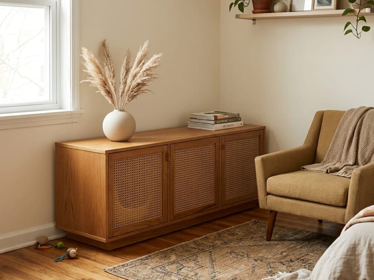 A cane-fronted sideboard set against the wall below a window, with an armchair beside it